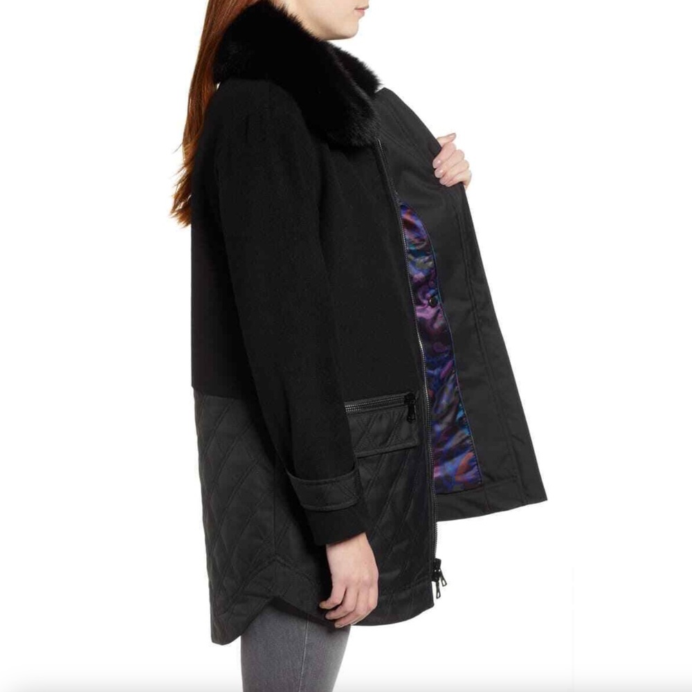 Trina Turk Womens Genuine Fox Fur Trim Mixed Media Coat in Black Size Me… - Picture 2 of 16